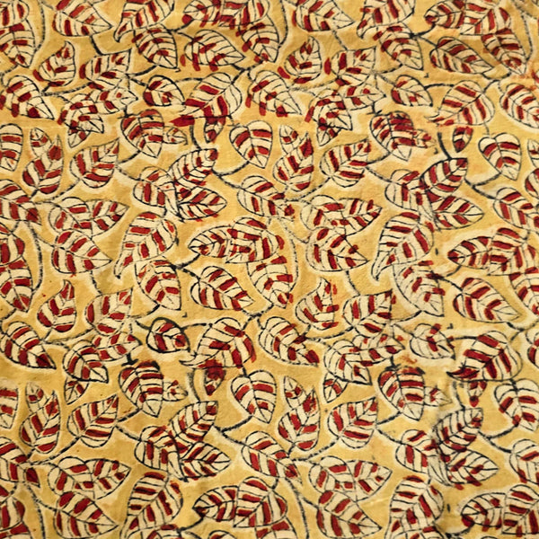 Pure Cotton Kalamkari Mustard With Red Leaves Jaal Hand Block Print Fabric