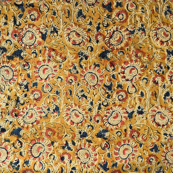 Pure Cotton Kalamkari Mustard With Rust Blue And Peach Flower Jaal Hand Block Print Fabric