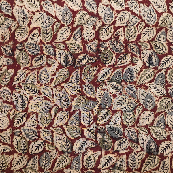 Pure Cotton Kalamkari Marron With Cream And Grey Leaves Jaal Hand Block Print Fabric