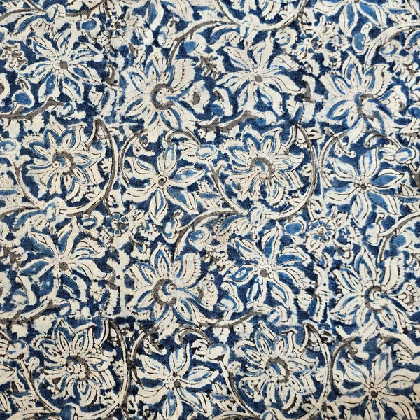 Pure Cotton Kalamkari Blue With Grey Flower Jaal Hand Block Print Fabric