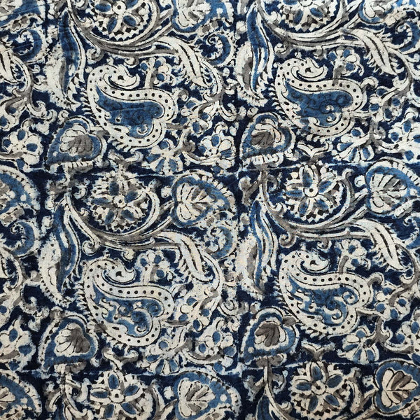 Pure Cotton Kalamkari Blue With Grey Kairi Jaal Hand Block Print Fabric