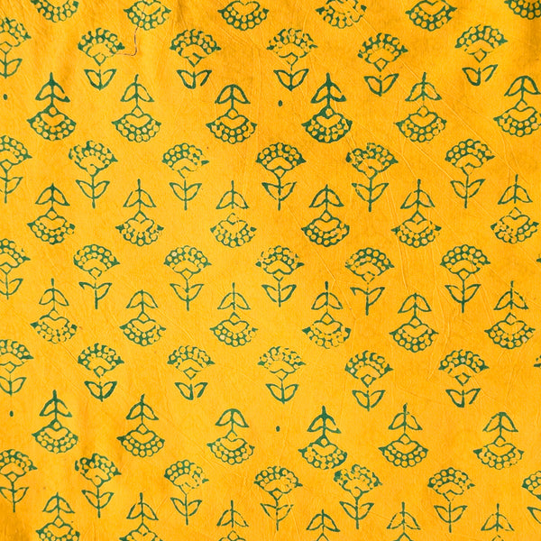 Pure Cotton Gamthi Yellow With Green Mushroom Motif Hand Block Print Fabric