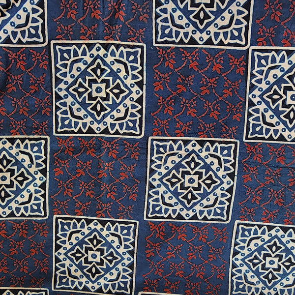 Pure Cotton  Ajrak Blue With Cream And Rust Red Square mandala design Hand Block Print Fabric