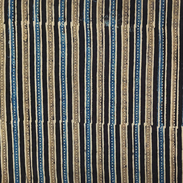 ( Pre-Cut 1.95 Meter ) Pure Cotton Ajrak Black And Blue And Brown Stripes Hand Block Print Fabric