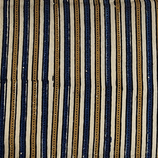 ( Pre-Cut 1.90 Meter ) Pure Cotton Ajrak Cream With Blue And Mustard Stripes Hand Block Print Fabric