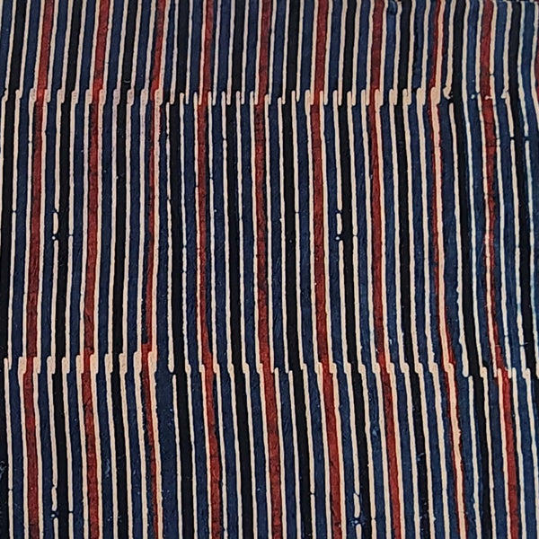 (Pre Cut 1.55 Meter )Pure Cotton Ajrak Blue With Rust Red Stripes Hand Block Print Fabric