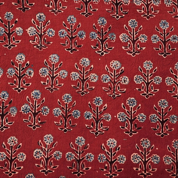 ( PRE-CUT 1.90 METER ) Pure Cotton Ajrak Rust Red With Blue Flower Plant Motif Hand Block Print Fabric