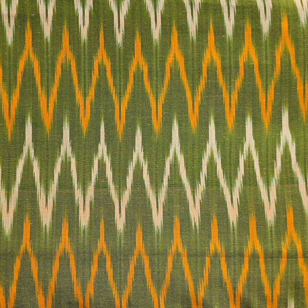 Pure Cotton Ikkat Green With Orange Zig-Zag Weaves Woven Fabric