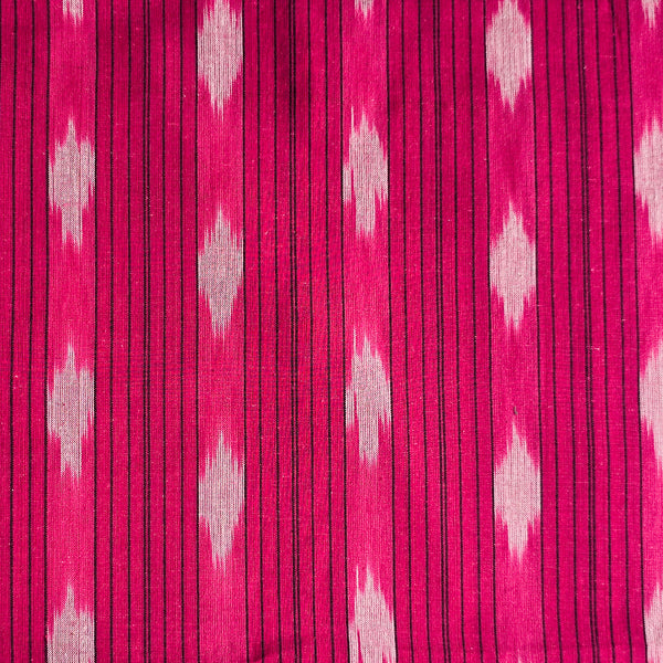 Pure Cotton Ikkat Pink With Black Stripes And White Motif Woven Fabric