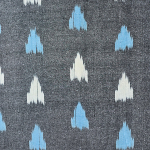 Pure Cotton Ikkat Grey With Blue And White Geometrical Triangle Weaves Woven Fabric