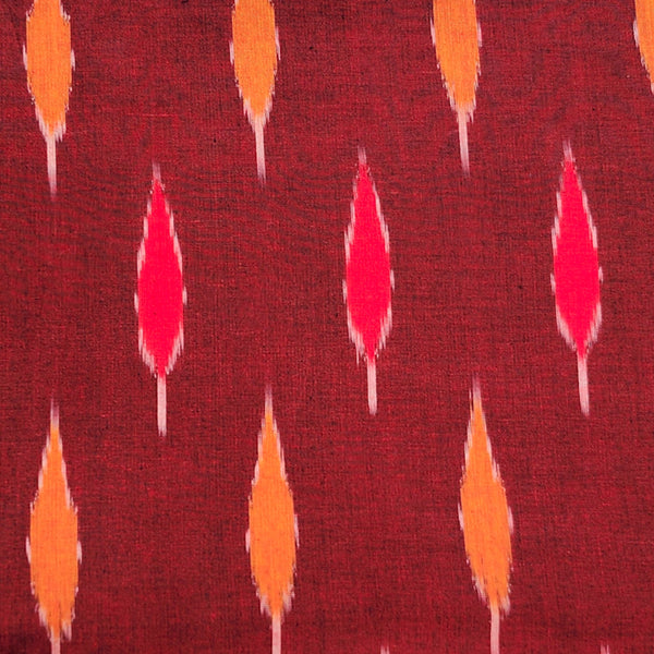 Pure Cotton Special Ikkat Marron With Red Mustard Cypress Tree Woven Fabric