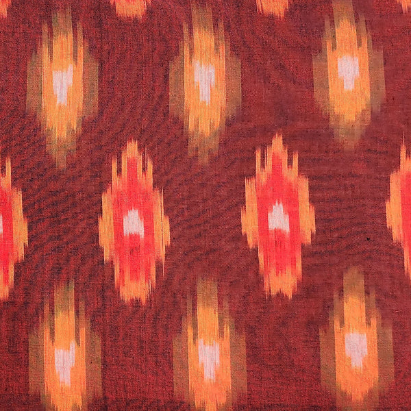 Pure Cotton Ikkat Maroon With Yellow And Orange Motif Woven Fabric