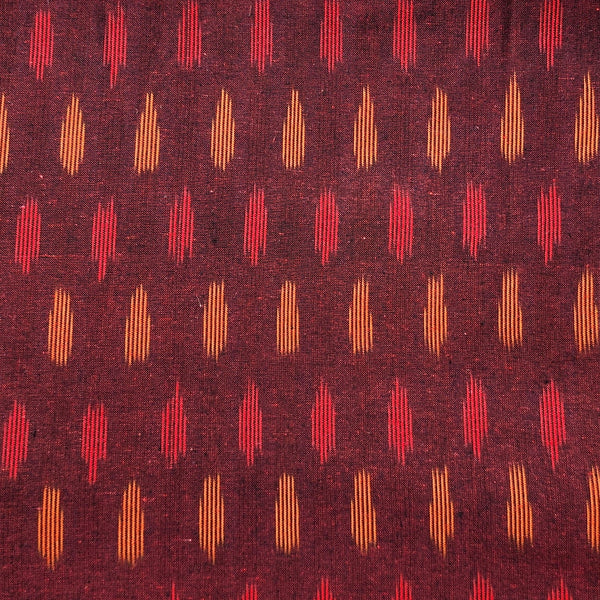 Pure Cotton Ikkat Marron With Red And Yellow Weaves Woven Fabric