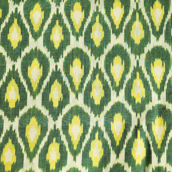 Pure Cotton Ikkat Green With Off White And Yellow Honey Comb Weaves Woven Fabric