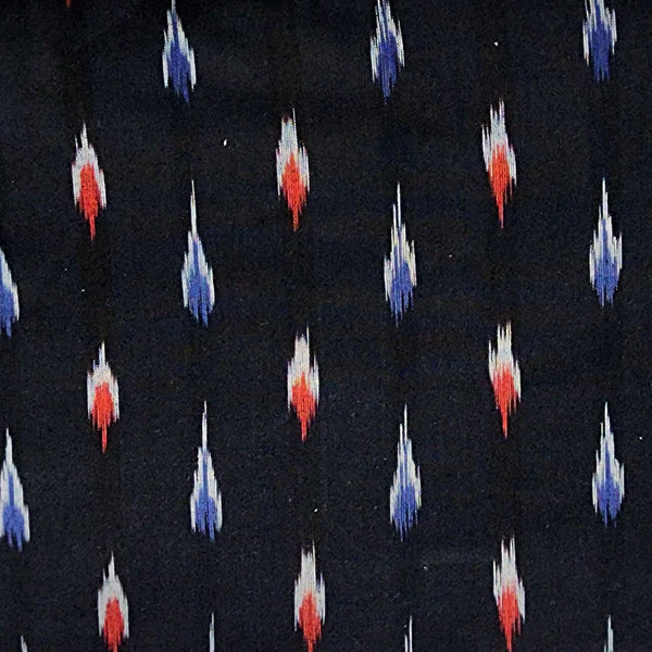 Pure Cotton Ikkat Black With Blue And Red Motif Woven Fabric