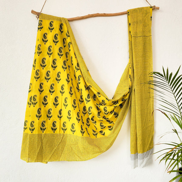 ROZANA-Pure Cotton Yellow With Green Kairi Motif Saree