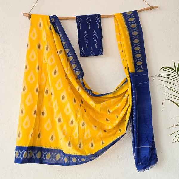 SRIVALLI-Mercerised Ikkat Yellow With Blue  Saree