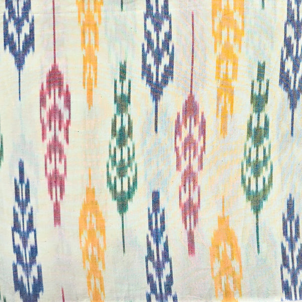 Pure Cotton Special Ikkat White With Pink Blue And Green And Yellow Flower Motif Hand Woven Fabric