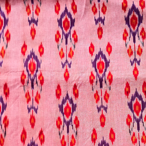 Pure Cotton Special Double Ikkat Peach With Big Flower Plant Motif Hand Woven Fabric