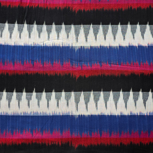 Pure Cotton Double Ikkat With Blue Black And White Weaves Zig Zag Woven Fabric