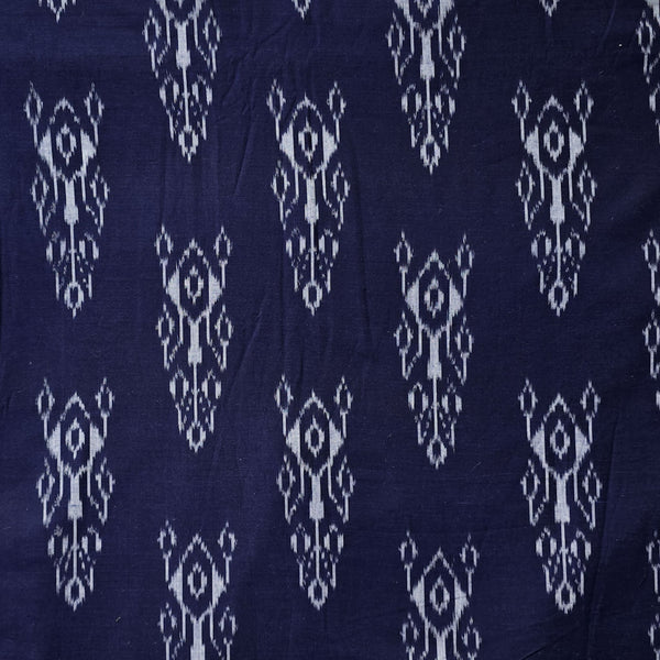 Pure Cotton Special Double Ikkat Navy Blue With Big Flower Plant Motif Hand Woven Fabric