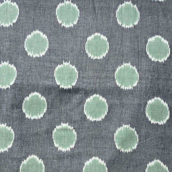 Pure Cotton Ikkat Grey With Green Big Circle Motif Woven Fabric