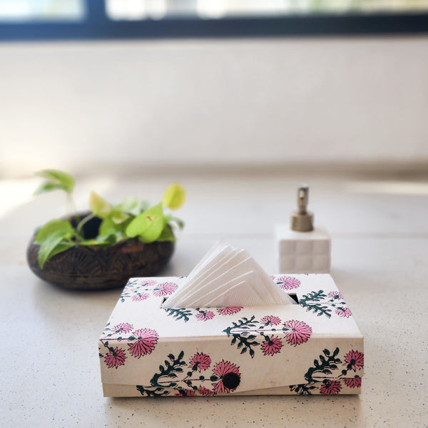 Handmade Cream With Flower Motif Jaipuri Tissue Box