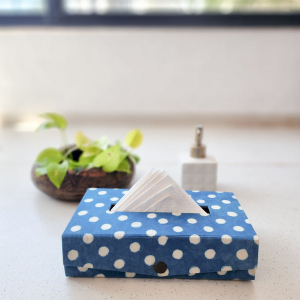 Handmade Dabu Blue With White Polka Tissue Box