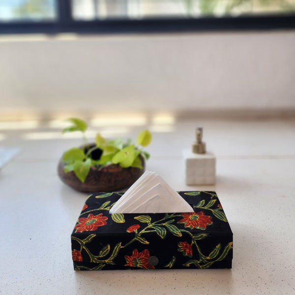 Handmade Modal Silk Vanaspati Black With Brown Flower Jaal Tissue Box