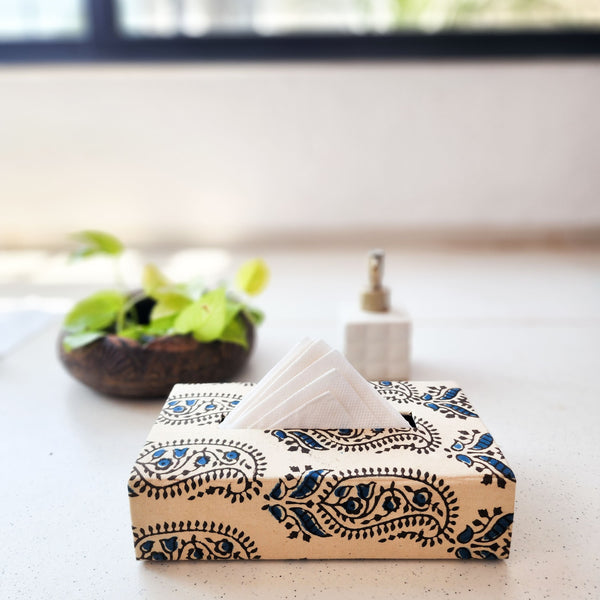 Handmade Ajrak Cream with Blue And Black Kairi Motif  Tissue Box