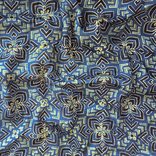 Ajrak Modal Silk Blue With Sea Green Star Intricate Design Hand Block Print Fabric