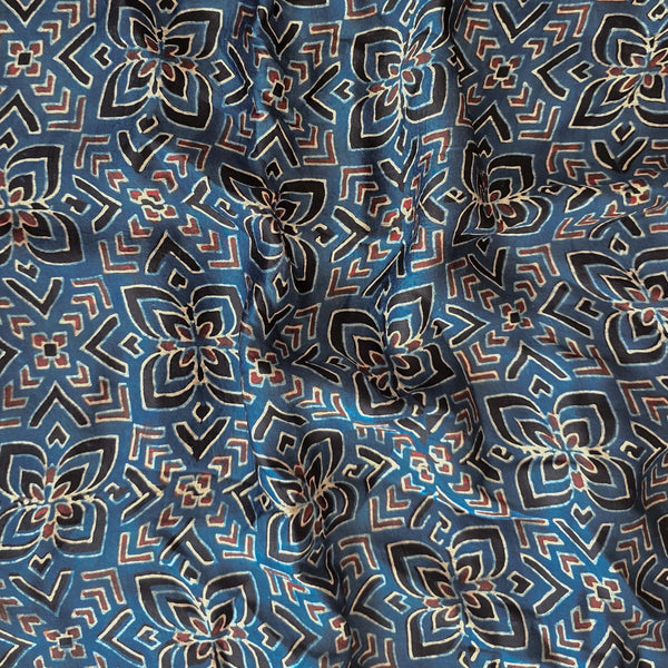 Ajrak Modal Silk Blue With Rust Red And Black Star Intricate Design Hand Block Print Fabric