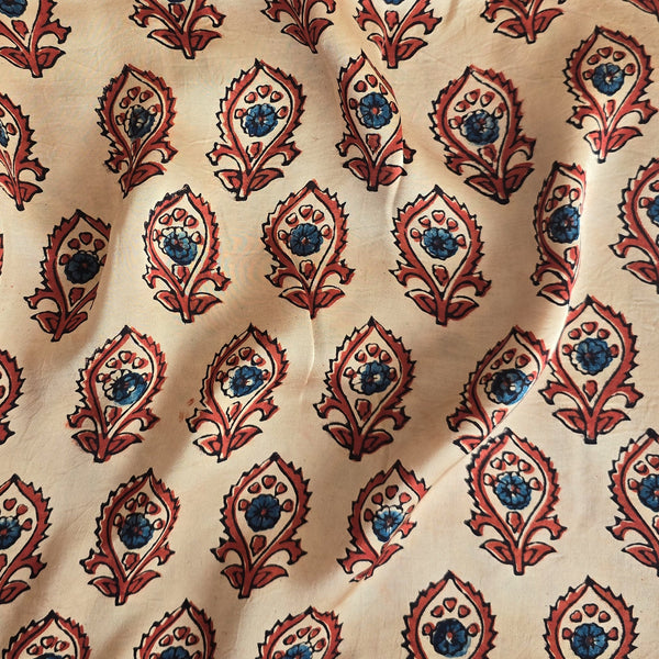 Ajrak Modal Silk Cream With Rust Red And Blue Flower Motif Design Hand Block Print Fabric