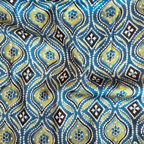 Ajrak Modal Silk Blue With Sea Green Intricate Jaal Hand Block Print Fabric