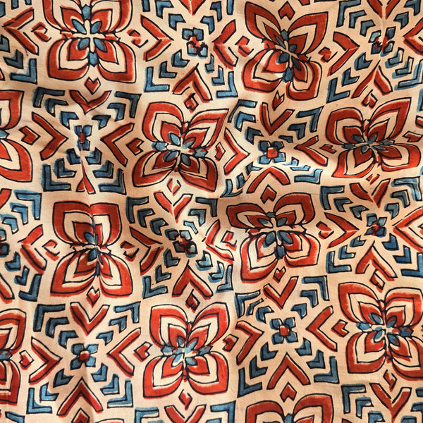 Ajrak Modal Silk Cream With Rust Red And Blue Star Intricate Design Hand Block Print Fabric