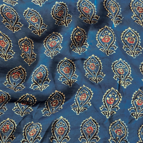 Ajrak Modal Silk Blue With Black Flower Motif Design Hand Block Print Fabric