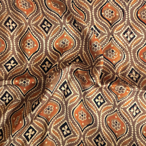 Ajrak Modal Silk Brown With Rust Orange Intricate Jaal Hand Block Print Fabric