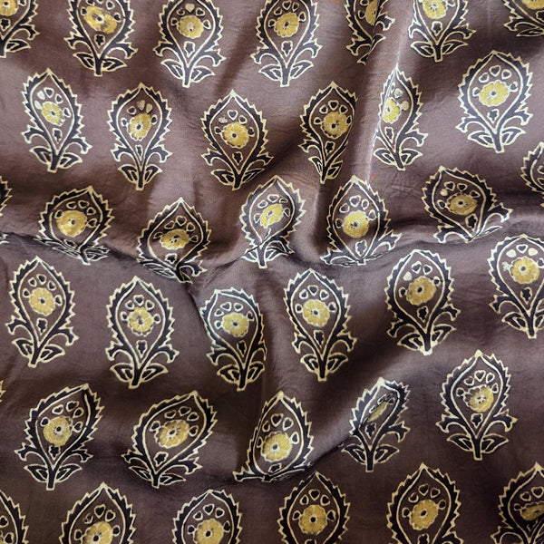 Ajrak Modal Silk Dark Brown With Sandy Flower Motif Design Hand Block Print Fabric