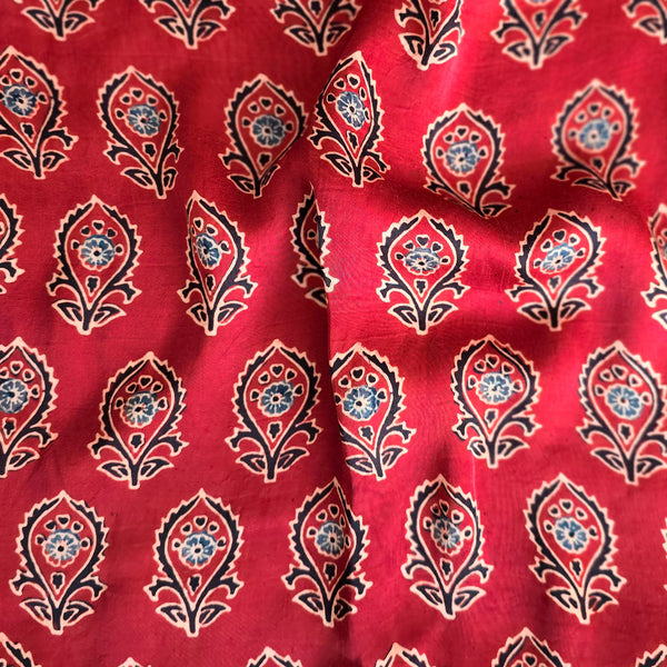 Ajrak Modal Silk Red With Black Flower Motif Design Hand Block Print Fabric