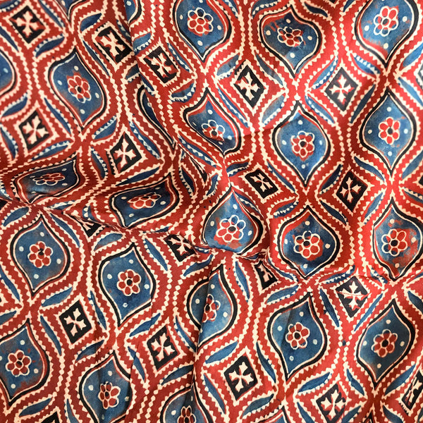 Ajrak Modal Silk Red With Blue Intricate Jaal Hand Block Print Fabric