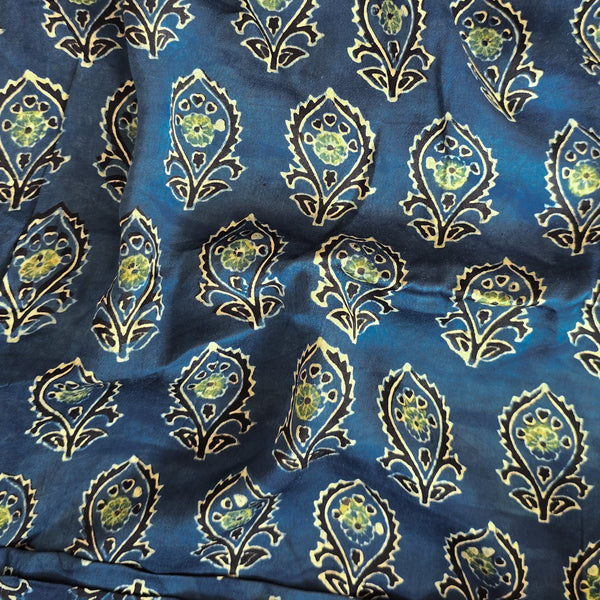 Ajrak Modal Silk Blue With Sea Green Flower Motif Design Hand Block Print Fabric