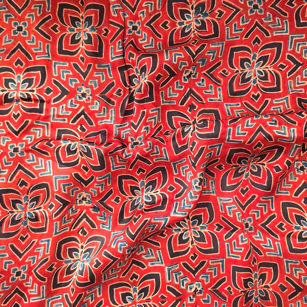 Ajrak Modal Silk Rust Red With Rust Blue And Black Star Intricate Design Hand Block Print Fabric