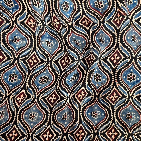 Ajrak Modal Silk Black With Rust Blue And Marron Intricate Jaal Hand Block Print Fabric