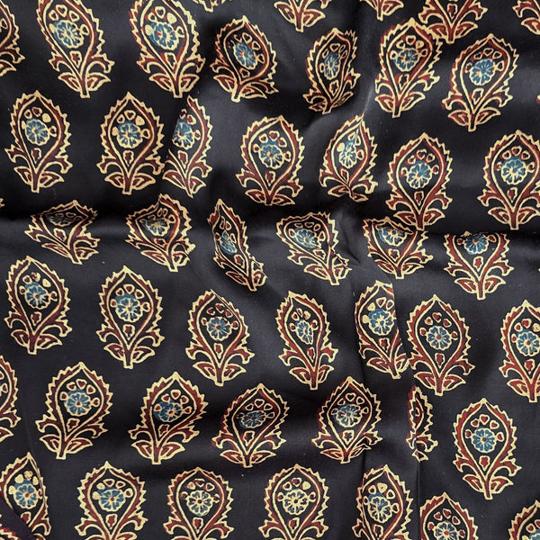 Ajrak Modal Silk Black With Rust Red And Blue Flower Motif Design Hand Block Print Fabric