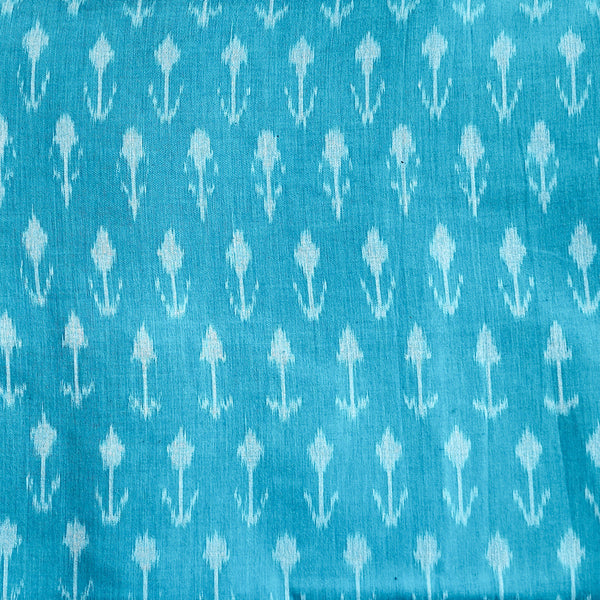 Pure Cotton Mercerised Ikkat Cyan And Cream Arrow Woven Fabric