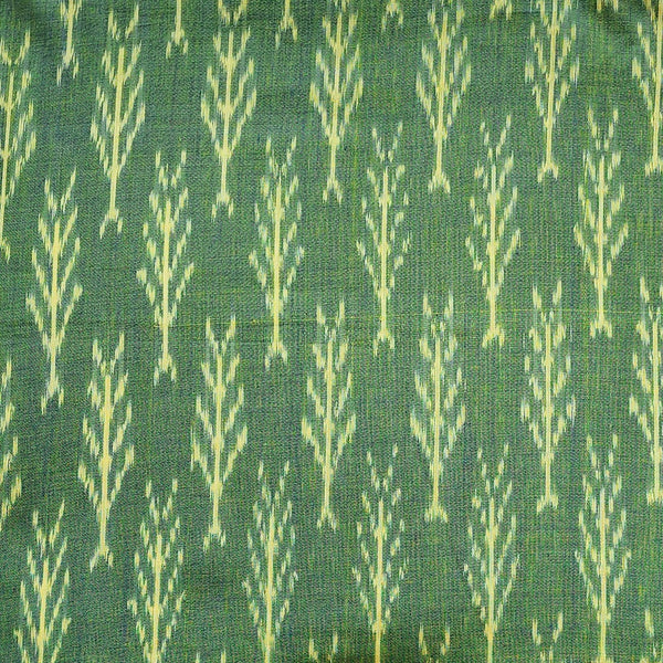 Pure Cotton Mercerised Ikkat Blueish Green With Light Yellow Plant Motif Woven Fabric