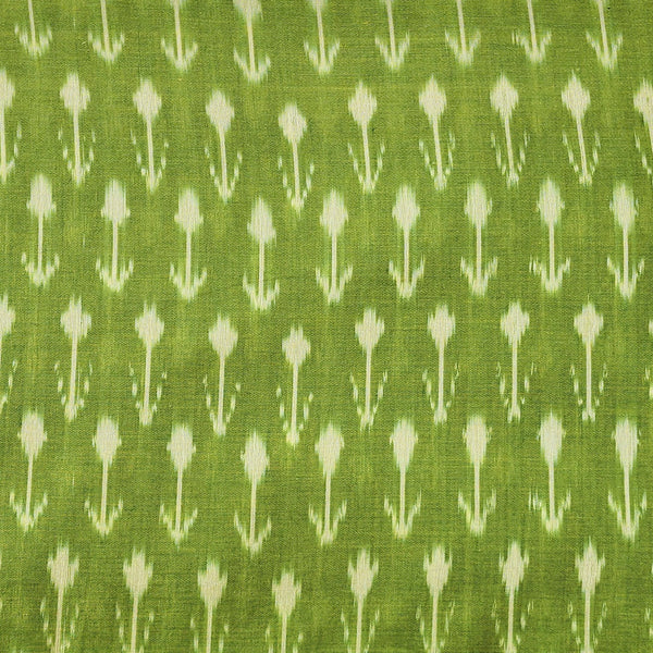 Pure Cotton Mercerised Ikkat Parrot green With Off White Plants Motif Woven Fabric