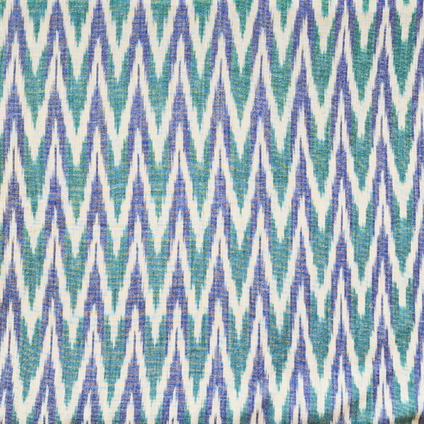 Pure Cotton Double Ikkat Light Blue With Green Zig Zag Woven Fabric