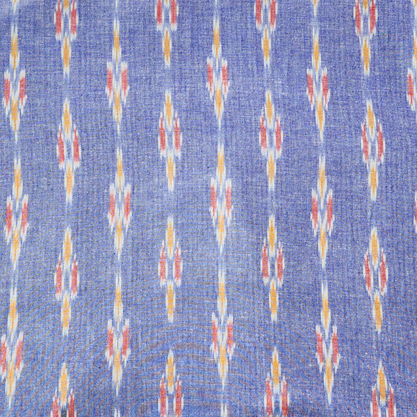 Pure Cotton Double Ikkat Light Blue With Yellow And Red Motif Woven Fabric