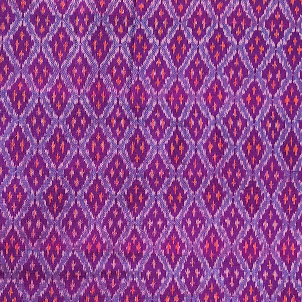 Pure Cotton Mercerised Secco Ikkat Magenta With Mustard And Blue Jaal Woven Fabric